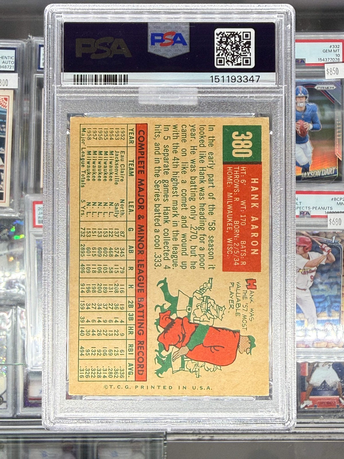 1959 TOPPS HANK AARON #380 PSA 1.5 FR MBA GOLD view 2