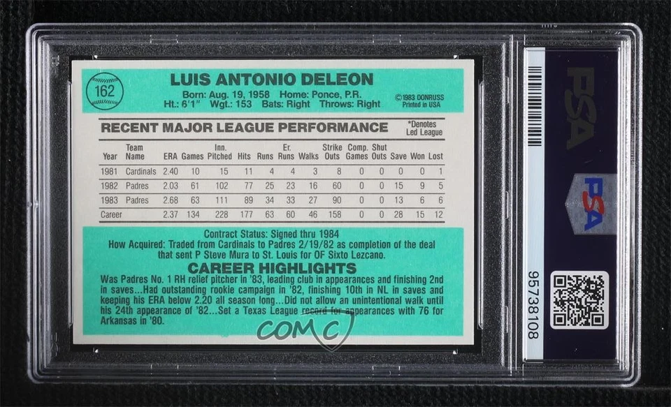 1984 Donruss Luis DeLeon #162 PSA 10 GEM MT - Image 2 of 2