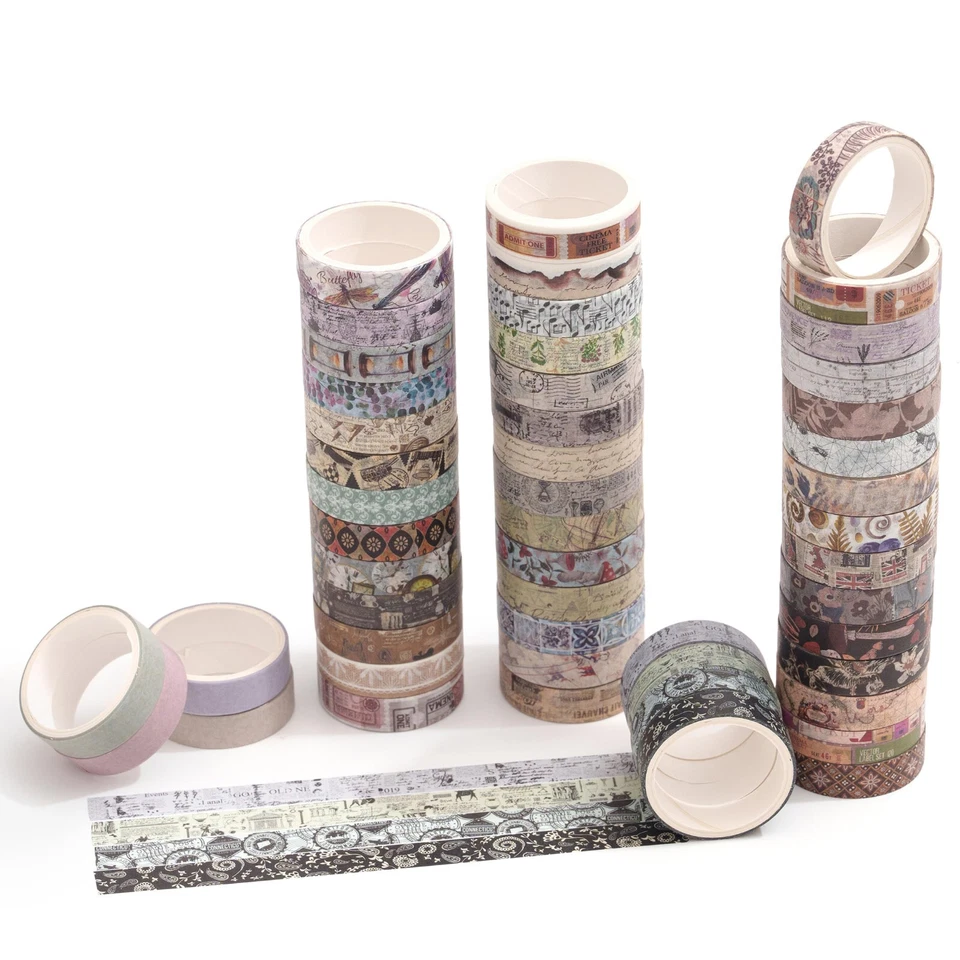 Paquete de 50 rollos de cinta adhesiva impresa retro vintage Washi Tape patrones antiguos Foto 3 de 4