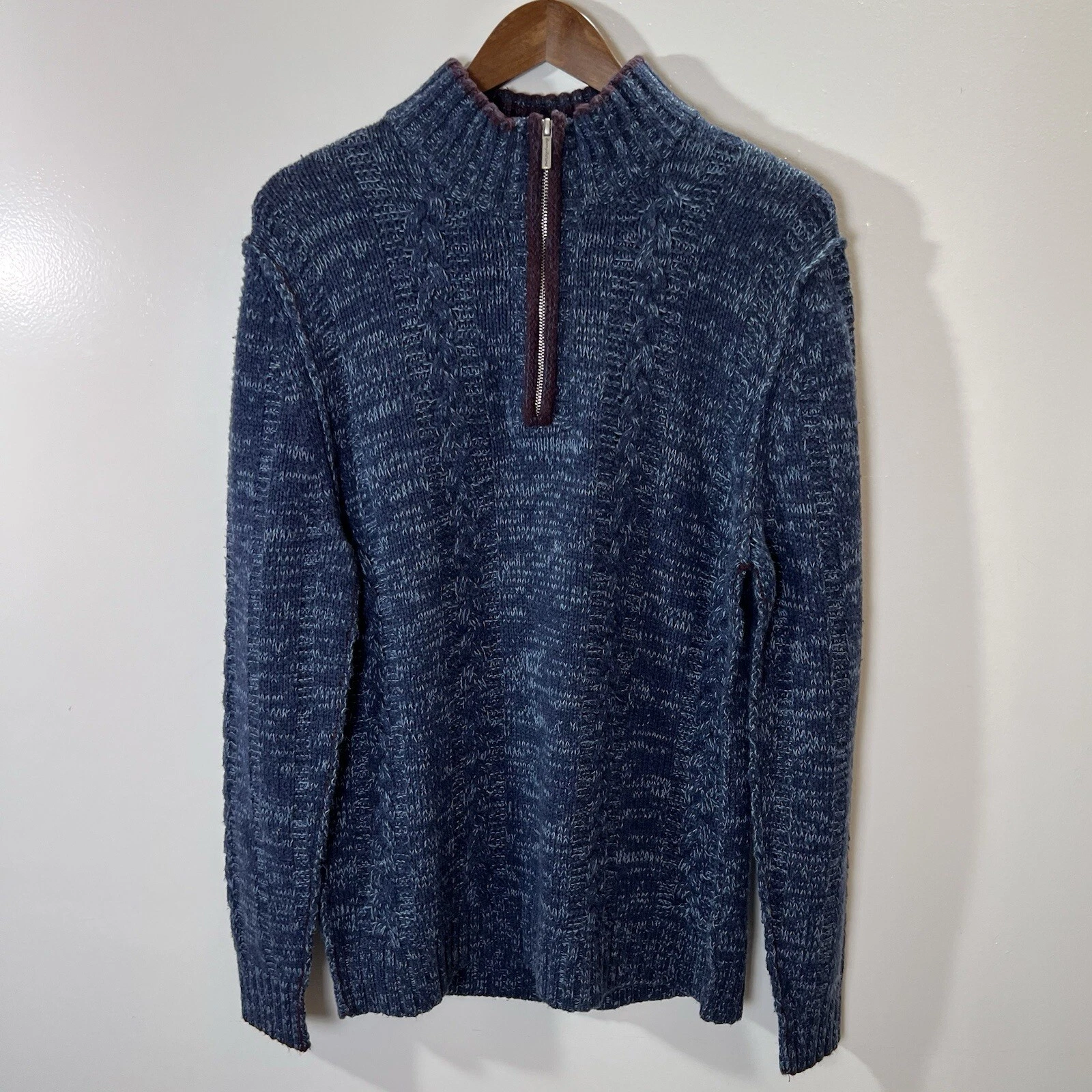 Men's Lambs Wool Sweater Sz L Blue Marled 1/4 Zip Minimalist Timeless Luxurious