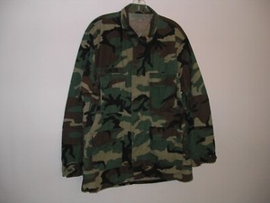 Vintage US Army Military Shirt Large Long Coat Woodland Camo BDU
