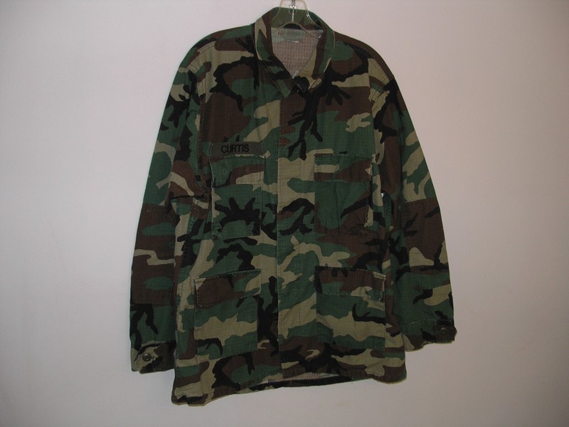Vintage US Army Military Shirt Large Long Coat Woodland Camo BDU