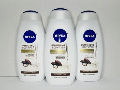 3 NIVEA Pampering Body Wash, Cocoa & Shea Butter, with Nourishing Serum, 20 oz.