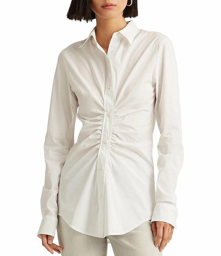 Lauren Ralph Lauren Stretch Cotton Shirred Button Front Point Collar Long Sleeve