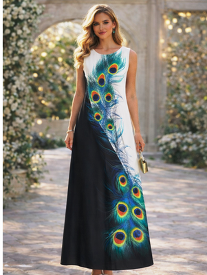 Fashion Summer SUNNY Sleeveless Beach Peacock Feather Maxi Dress Robe Women  sz L | eBay