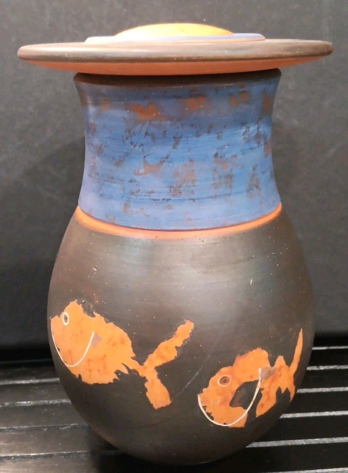 Handcrafted Art Pottery Vase Orange Brown Blue Goldfish Design Signed