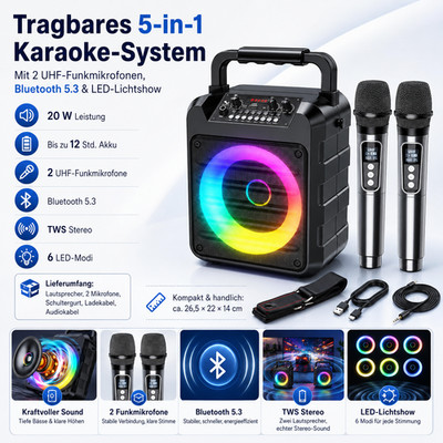 Karaoke Maschine Bluetooth 5.3 20W LED Lautsprecher 2 Funkmikrofone UHF Partybox