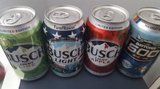 BUSCH LIGHT -LIME , APPLE,  FARM RESCUE  + DAYTONA 500, 12 OZ CANS  OPEN EMPTY..