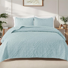 Quilts Queen Size Bedding Set with 2 Pillow Shams, Lightweight Light Blue Full Q