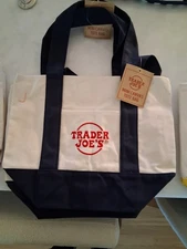 Trader Joe's Mini Canvas Foldable Reusable Shopping Bag - White Navy Red