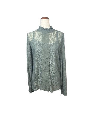 Cable & Gauge Women's Blouse Size L Green Lace Mock Neck Ruffle Cami Long Sleeve