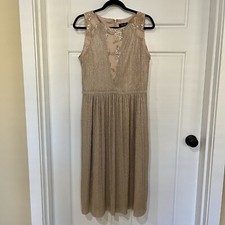 TAHARI Arthur S Levine Metallic Gold Pleated Midi Dress Size 8