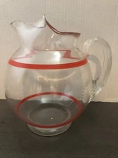Vintage Juice Pitcher Red Striped Ribbed Handle Mold Made Pitchr Handle Applied?