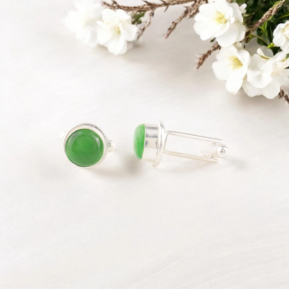 Natural Green Cat's Eye Gemstone 925 Sterling Silver Handmade Vintage Cufflinks - Image 2 of 2