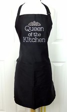 Apron Black One Size Hand Embellished Rhinestone "QUEEN OF THE KITCHEN"