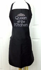Apron Black One Size Hand Embellished Rhinestone "QUEEN OF THE KITCHEN"