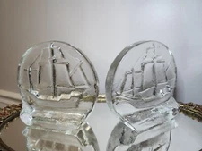 2 Pilgrim "Mayflower" Clear Glass Bookends, Sailing Ships Mid-Century Modern USA