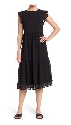 Love by Design MIDI Maxi Tiered Dot Dress Babydoll Ruffle Top Black Nordstrom M