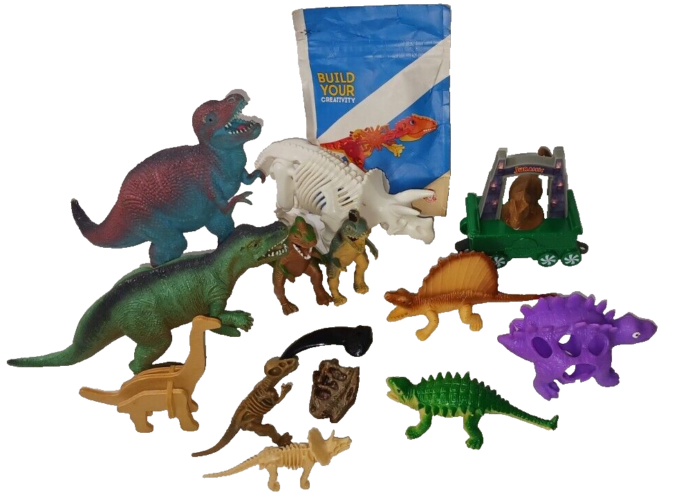 Vintage Lot of 14 Dinosaur Toys Rubber Plastic Wood Figures Wendy's Jurassic Era