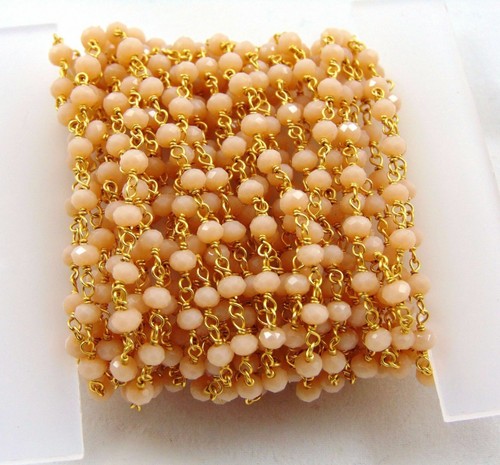10 Feet Peach Quartz Rondelle Faceted 3-4mm Beads, Rosary Chain Gold Wire H27 - Picture 2 of 4