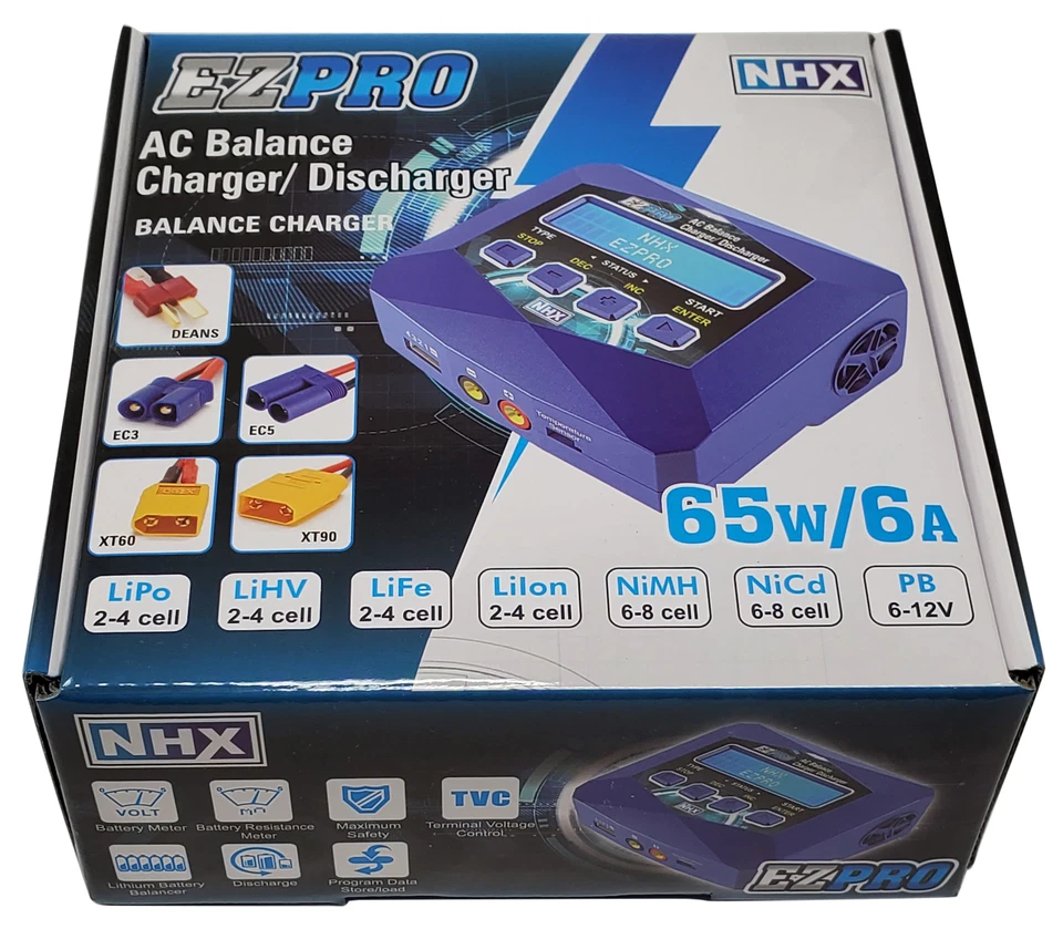 NHX EZPRO 65W LiPo/LiFe/NIMH 2-4s Fast AC Charger w/XT60 EC3 Deans XT90 EC5 - Image 3 of 4