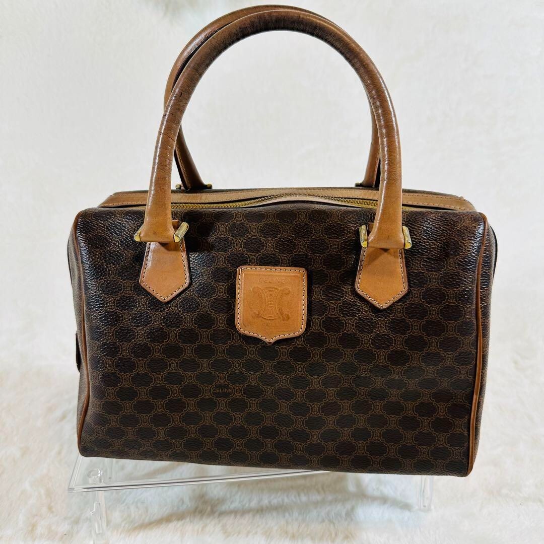 CELINE Macadam Mini Boston Hand Bag logo PVC Leather color Brown