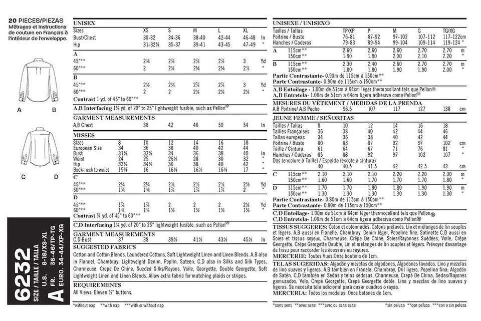 Misses And Mens Long Sleeve Button Down Shirt Sewing Pattern Sizes A 8 18 Xs Xl - Image 2 of 4