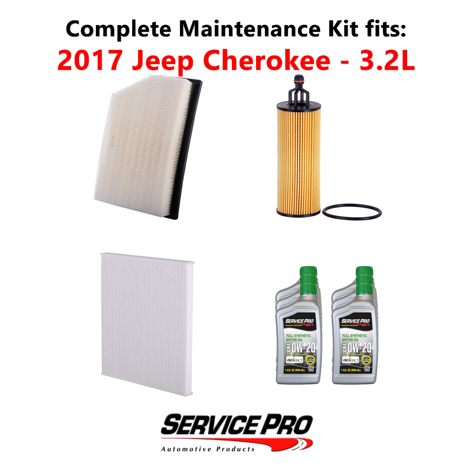 2017 Jeep Cherokee 3.2L Complete Air, Oil  Cabin Filter Kit 0W-20