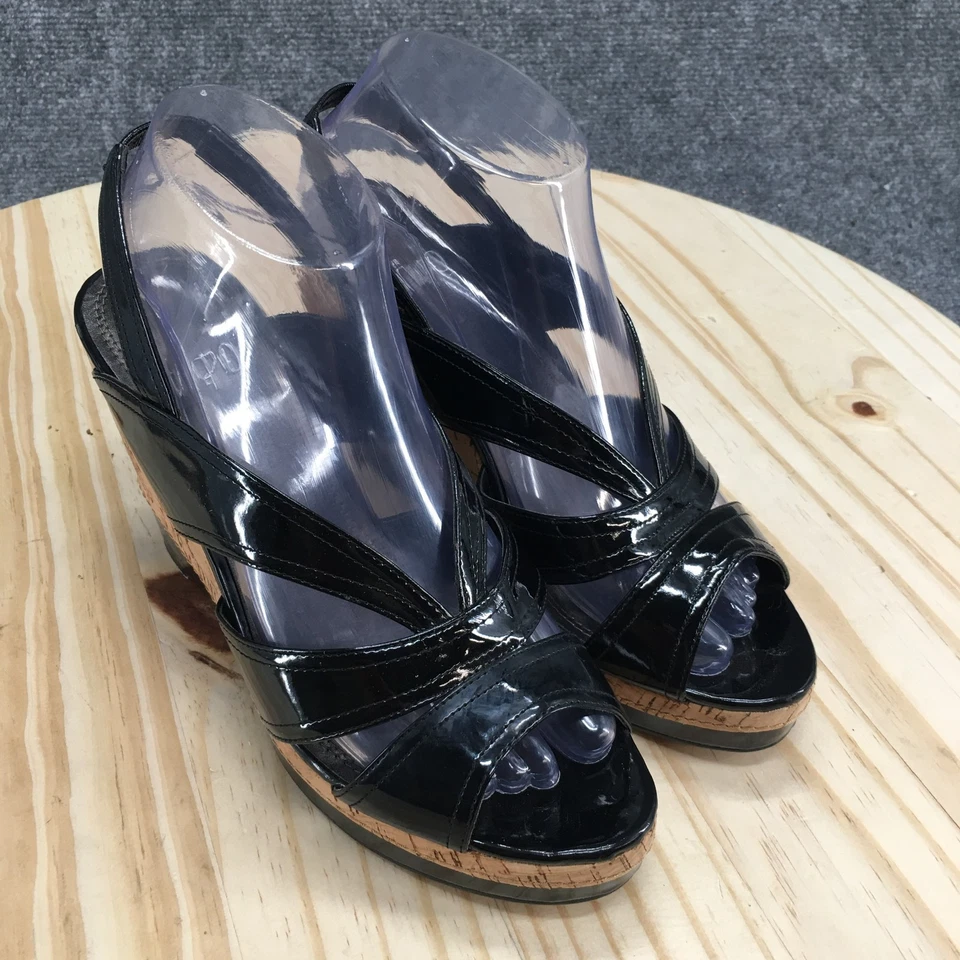 IMPO Sandals Womens 8 M Warwick Wedge Slingback Black Faux Leather Cork Casual - Image 3 of 4