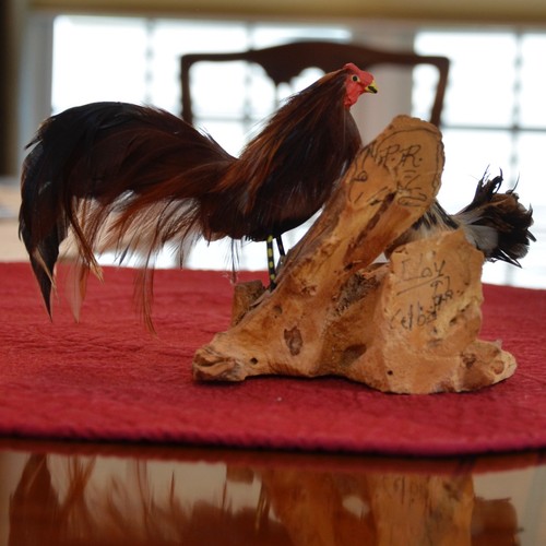 Vintage Puerto Rico Feather Roosters Figure by Eloy Wood Base Handmade Souvenir