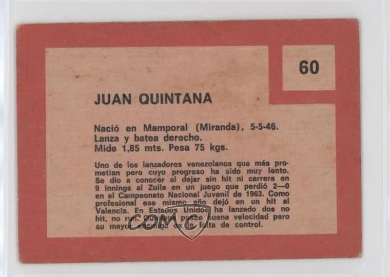 1967 Topps Venezuelan Juan Quintana #60 - Image 2 of 2