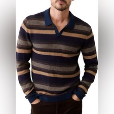 Marine Layer Liam Long Sleeve Sweater Polo in Warm Multi Stripe XL