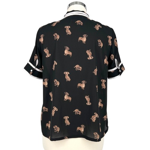 The Moon Dachshund Dog Print Bow Neck Retro Style Blouse Black Size Large - Picture 7 of 22