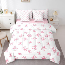 Pink Bow Comforter Set - 7 Piece Full Size Bedding for Girls  Teens