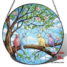 Sun Catcher Stained Glass Window Hanging, 7.8 Inch Spring Scene with 4 Cats on