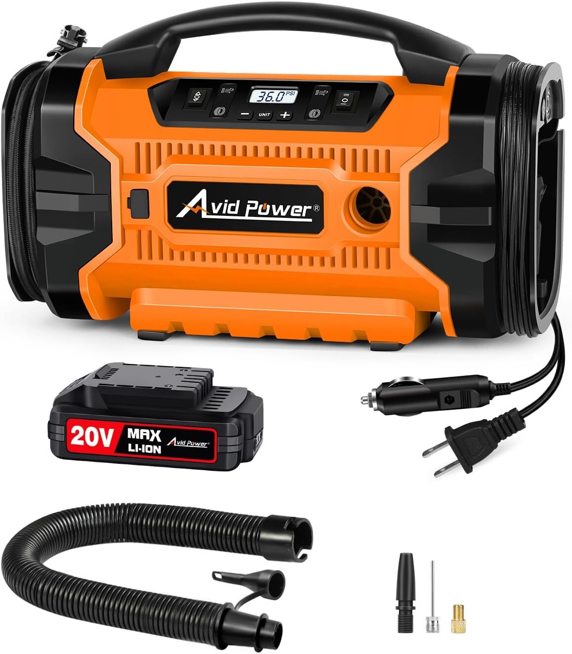 Portable US Tire Inflator Air Compressor with 3 Power Options 110V AC 12V DC 20V Battery