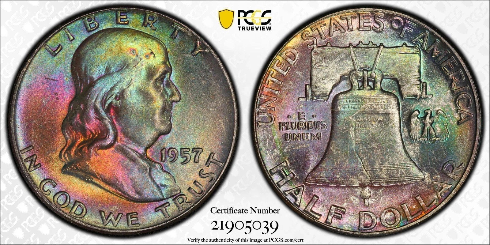 Registry Quality Rainbow Toned PCGS MS65 1957 P Franklin Half Dollar 50c Monster