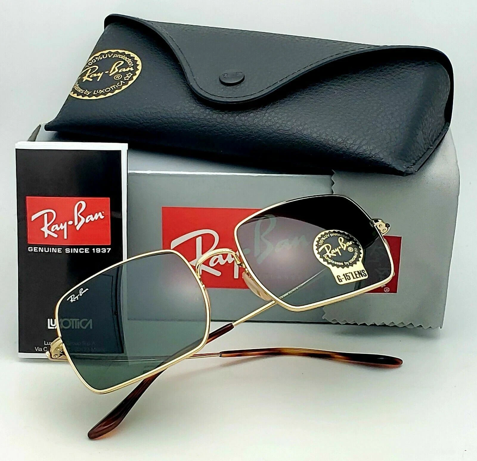 Nuovi occhiali da sole classici Ray Ban 1971 montatura oro G 15 grigio verde