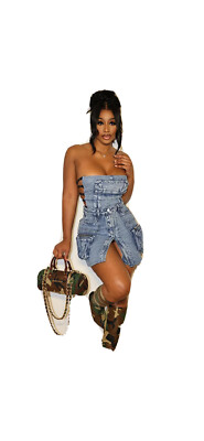 Back Tied Up Tube Top Pocket Slit Mini Skirt Denim Matching Set
