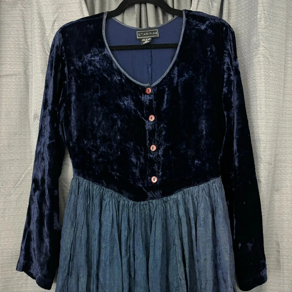 Maxi Vestido Starina II Mujer L Azul Verde Bordado Floral Terciopelo Gótico Bruja Foto 3 de 4