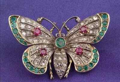 Lab Created Emerlad/ Rub/Diamond Brooch 14k Yellow Gold Plated 2Ct Round Cut