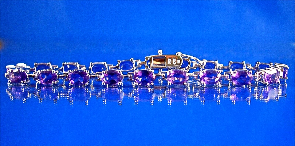 PULSERA TENIS AMATISTA GENUINA OVALADA PLATA ESTERLINA, 7,25" LONGITUD, 8 CTTW Foto 4 de 4