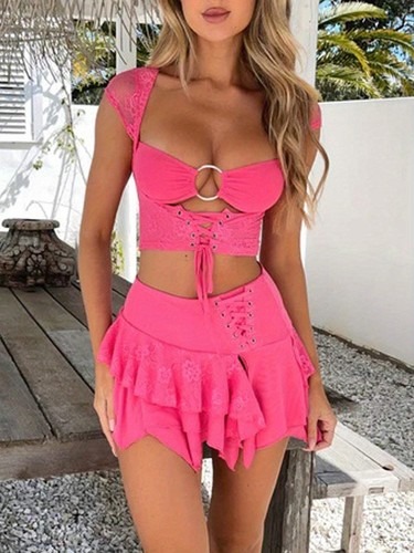 Pink Short Sleeve Hollow Bandage Crop Top & Mini Pleated Skirt Set - Picture 2 of 9