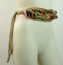 Vintage 80s Punk BURLAP Braided Painted Wood Beaded Cinch BELT BY RHEA