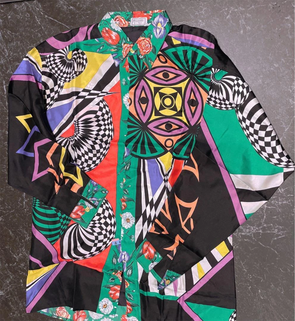 VERSUS VERSACE Silk Shirt Long Sleeves Button Blous Printed Art Flower Men Italy