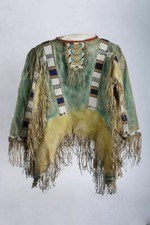 Native American Style Buckskin Beaded Shirt w/ Fringe Green Tan Suede Leather