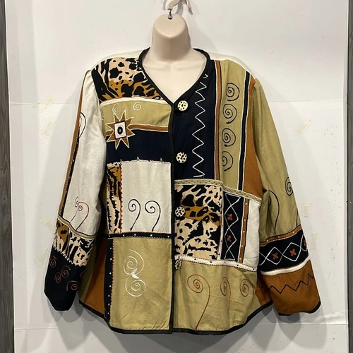 Vintage Indigo Moon Womens Jacket XL West African mudcloth inspired Embroidered