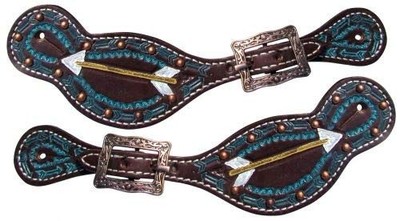 Showman Ladies Dark Brown Leather Spur Straps w/ Painted Turquoise Arrow Design