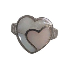 925 Sterling Silver Pink White Mother Of Pearl Inlay Heart Ring Size 7.75