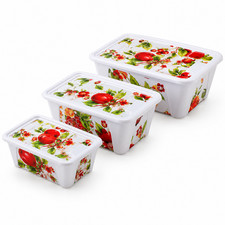 3 Pc Decorative Plastic Food Storage Containers w Snap Lids Assorted Sizes